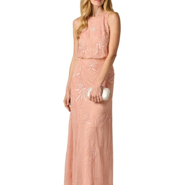 Adrianna Papell Women's Bead Blouson Long Dress in Pink | Size: 18