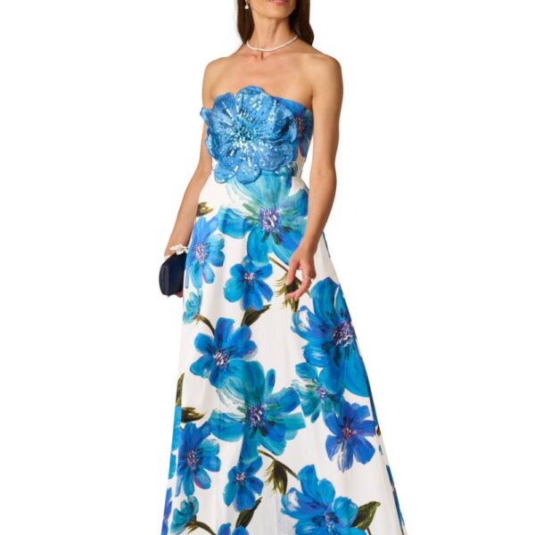 Adrianna Papell Women's Bead Dupioni Long Dress in Blue | Size: 6