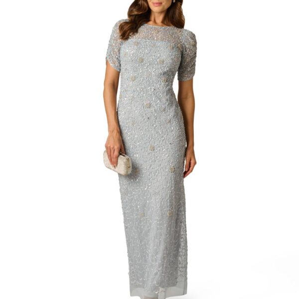 Adrianna Papell Women's Elbow Sleeve Bead Dress in Light Blue | Size: 8