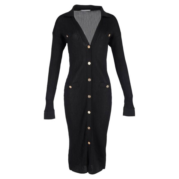 Gianni Versace Women's Preloved Ribbed Buttoned Midi Dress in Black Viscose | Size: 36