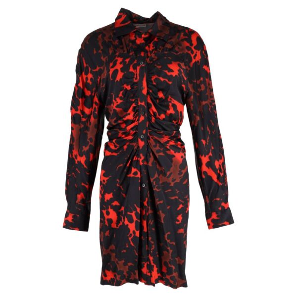 Dries Van Noten Women's Preloved Printed Shirt Dress in Black & Red Satin | Size: 38