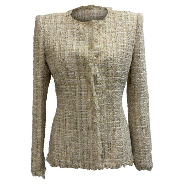 Alexander McQueen Women's Preloved Tweed Fringed Hem Blazer in Cream Polyamide | Size: 40