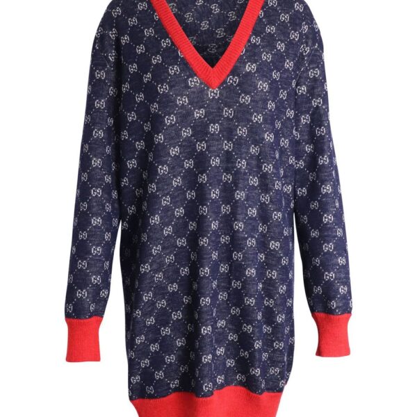 Gucci Women's Preloved Bicolor Logo Patterned Knit Sweater Dress in Blue Wool | Size: 34