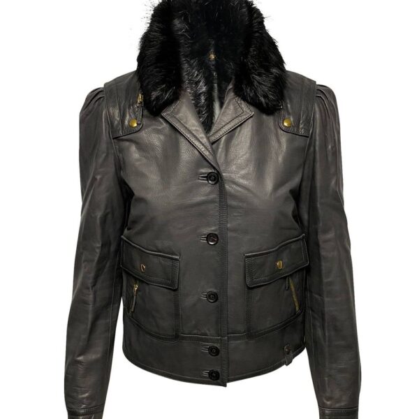 Gucci Women's Preloved Jacket with Fur Collar Detail in Black Leather | Size: 38