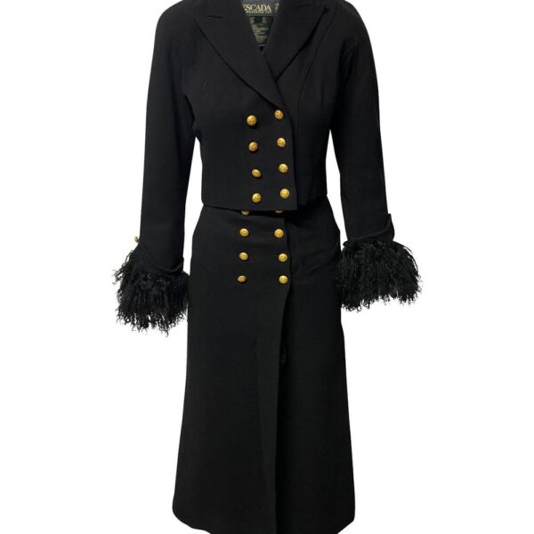 ESCADA Women's Preloved x Margaretha Ley Fur Trimmed Trench Coat in Black Wool | Size: 32