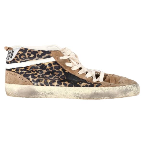 Golden Goose Women's Preloved Mid-Star Sneakers in Leopard Print Pony Hair & Suede in Light Brown | Size: 5.5