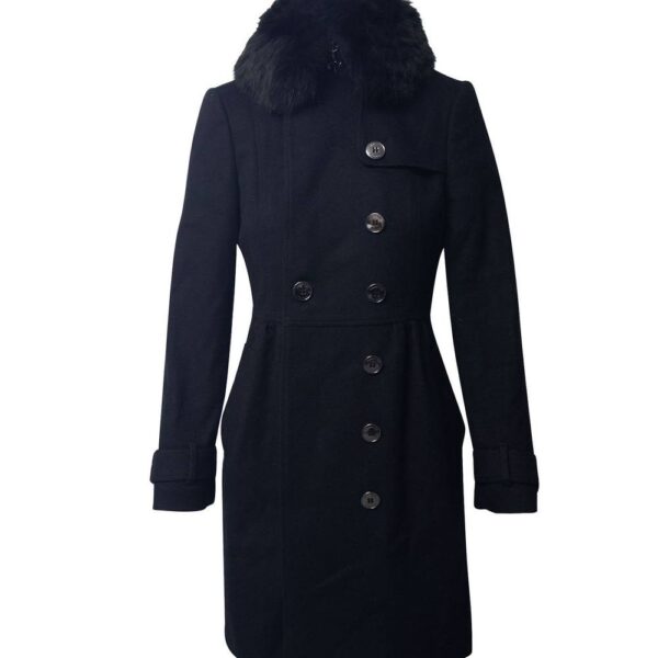 Burberry Women's Preloved Coat with Fur Collar Trim in Black Virgin Wool | Size: 34
