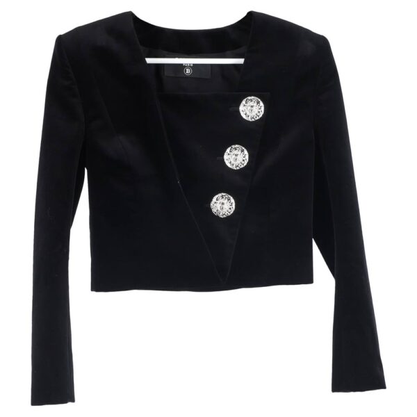 Balmain Women's Preloved Embellished Cropped Blazer in Black Velvet | Size: 32