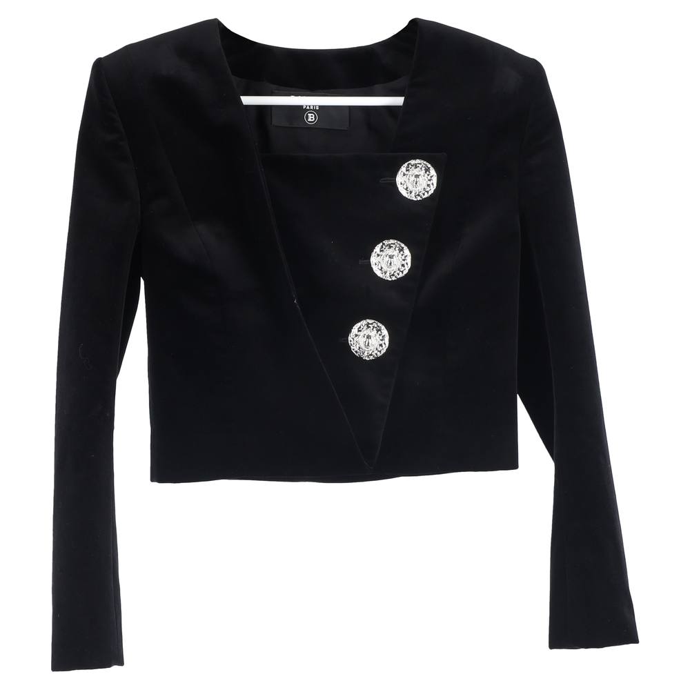 Balmain Women's Preloved Embellished Cropped Blazer in Black Velvet | Size: 32