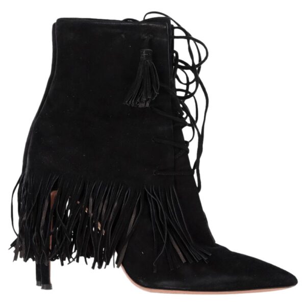 Aquazzura Women's Preloved Mustang 105 Fringe Heeled Ankle Boots in Black Suede | Size: 3.5