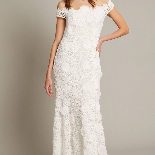 Monsoon Women's Clare Floral Embroidered Bardot Wedding Dress Ivory | Size: 10
