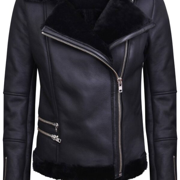 Infinity Leather Women's Shearling Sheepskin Aviator Jacket-Kiev in Black | Size: 24