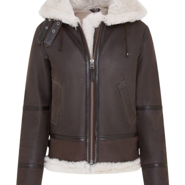 Infinity Leather Women's Hooded Sheepskin Flying Leather Jacket-Palermo in Brown | Size: 20