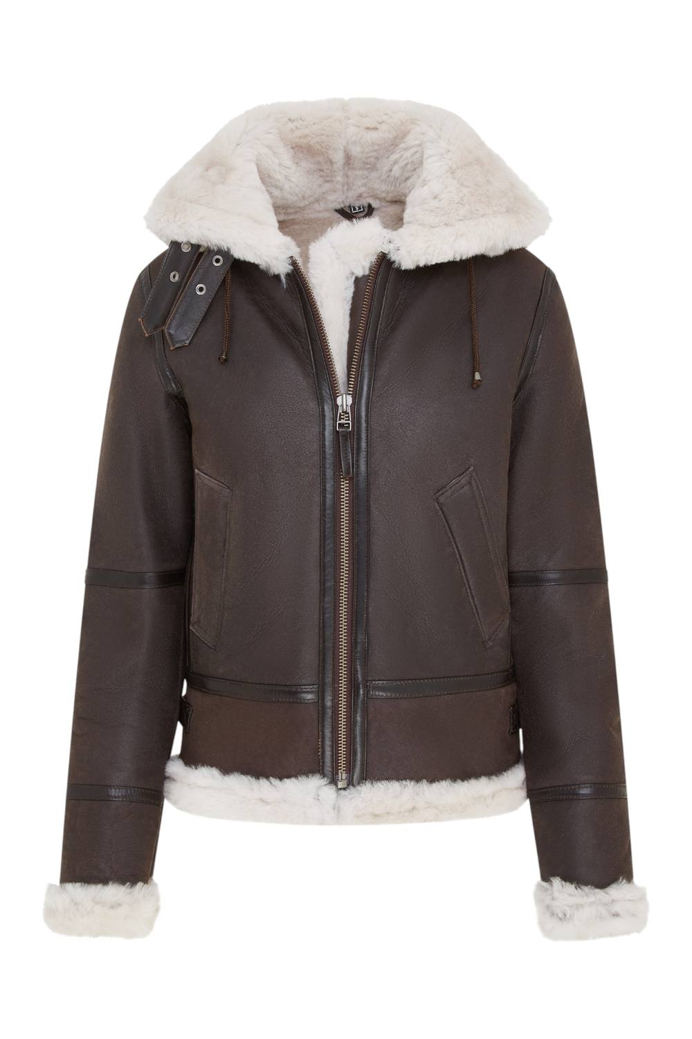 Infinity Leather Women's Hooded Sheepskin Flying Leather Jacket-Palermo in Brown | Size: 22