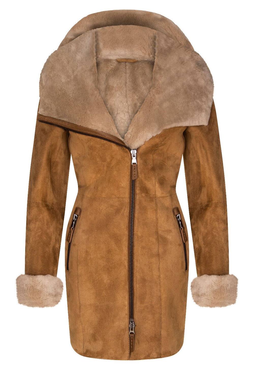 Infinity Leather Women's Merino Sheepskin Hooded Coat-Antioch in Tan | Size: 24