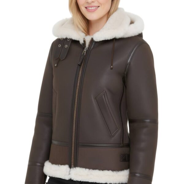 Infinity Leather Women's Hooded Sheepskin Flying Leather Jacket-Orford in Brown | Size: 16