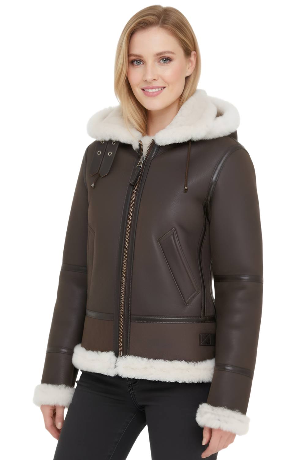 Infinity Leather Women's Hooded Sheepskin Flying Leather Jacket-Orford in Brown | Size: 18