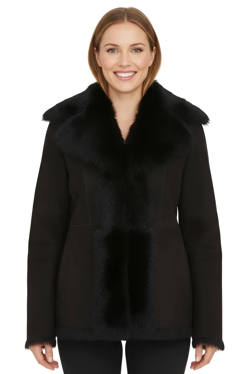 Infinity Leather Women's Sheepskin Toscana Merino Shearling Suede Leather Jacket-Siena in Black | Size: 8