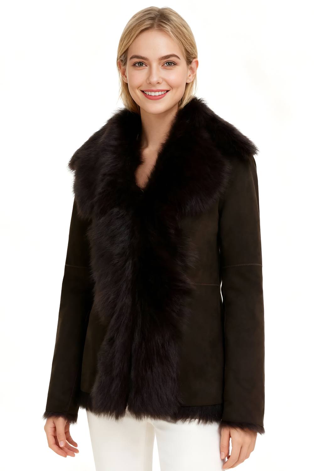 Infinity Leather Women's Sheepskin Toscana Merino Shearling Suede Leather Jacket-Siena in Brown | Size: 8