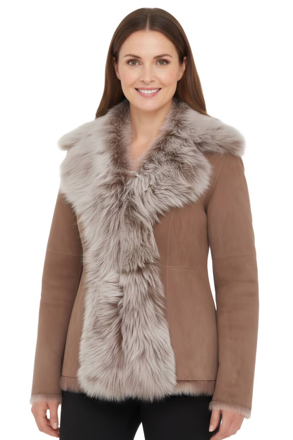 Infinity Leather Women's Sheepskin Toscana Merino Shearling Suede Leather Jacket-Siena in Taupe | Size: 8
