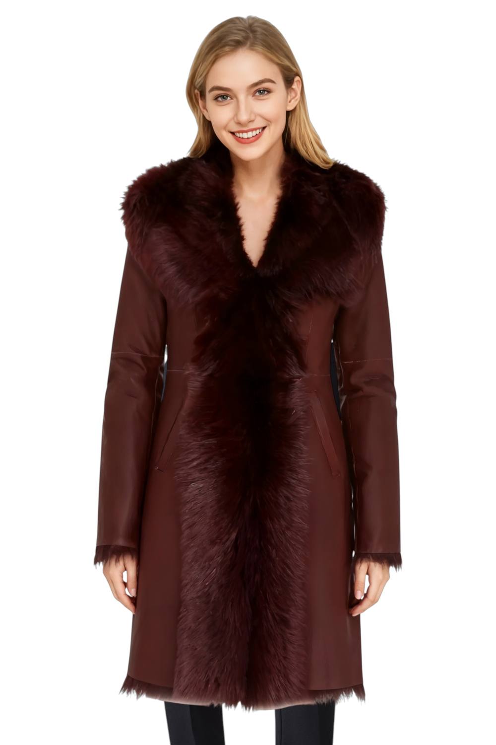 Infinity Leather Women's Real Toscana Sheep Leather Hooded Trench Coat - Verona in Burgundy | Size: 18