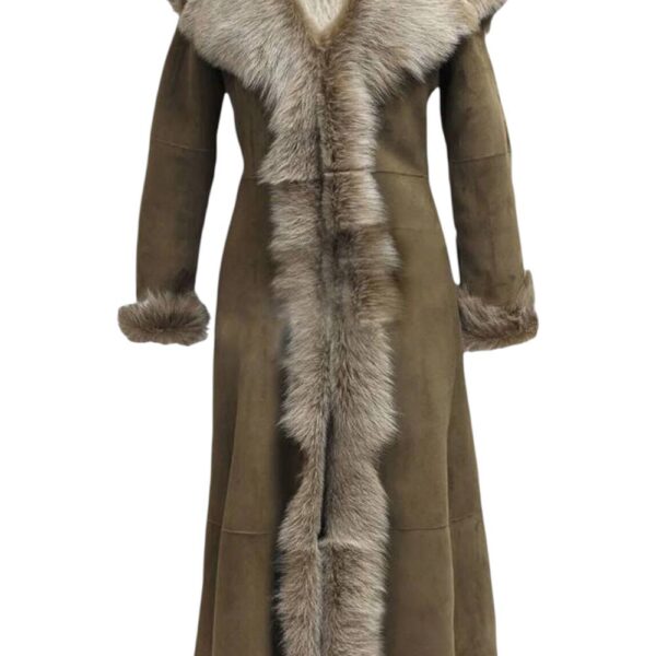 Infinity Leather Women's Suede Toscana Sheepskin Hooded Trench Coat-Rushden in Light Tan | Size: 14