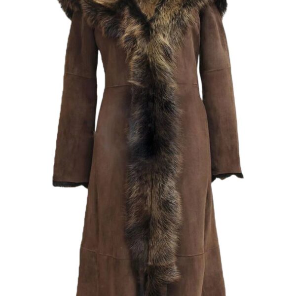 Infinity Leather Women's Suede Toscana Sheepskin Hooded Trench Coat-Rushden in Dark Brown | Size: 10