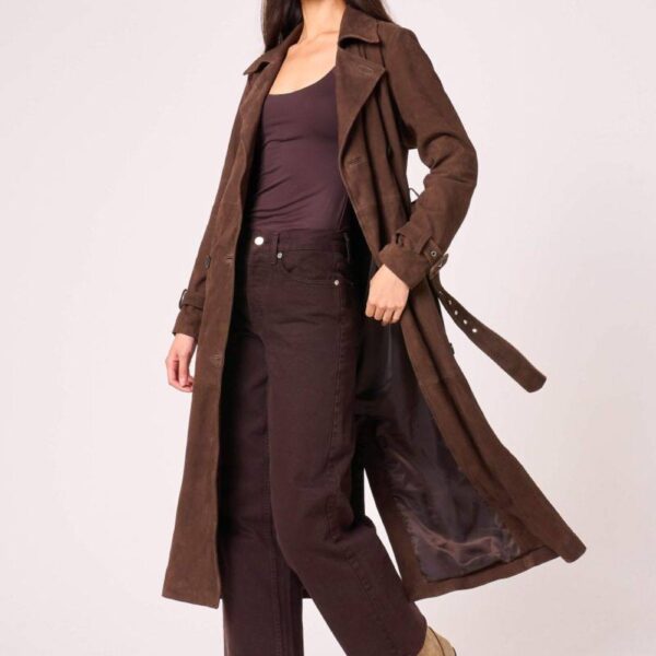 Barneys Originals Women's Real Suede Chocolate Trench Coat in Brown | Size: 12
