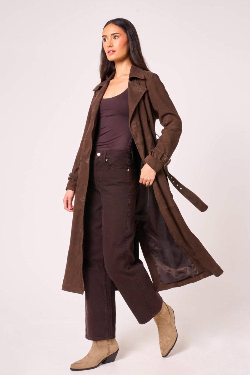 Barneys Originals Women's Real Suede Chocolate Trench Coat in Brown | Size: 14