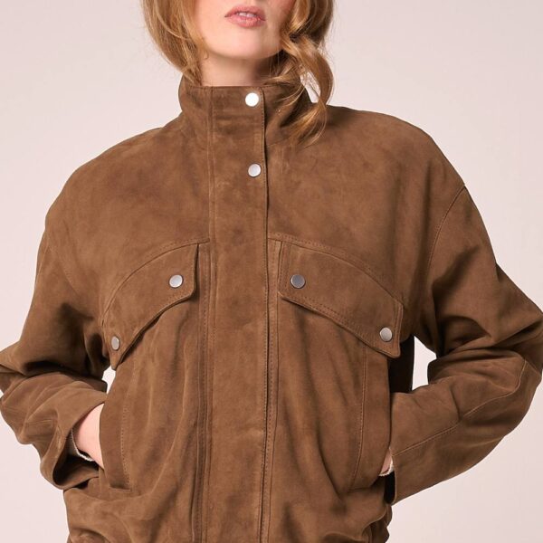 Barneys Originals Women's Real Suede Funnel Neck Bomber Jacket in Light Brown | Size: 16