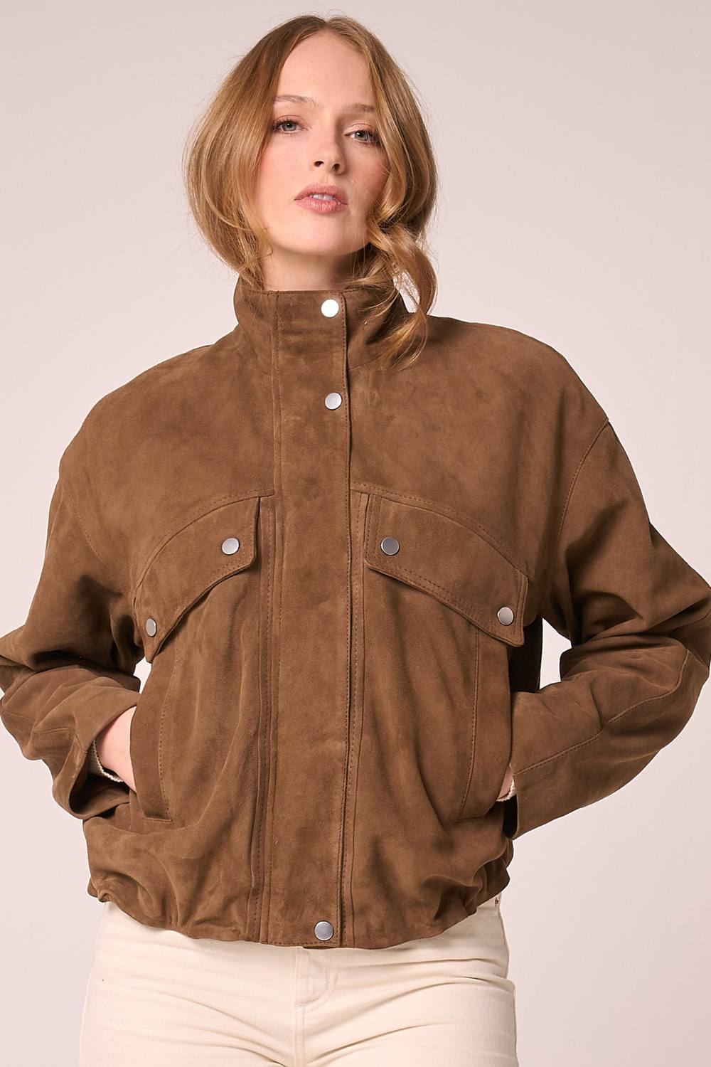 Barneys Originals Women's Real Suede Funnel Neck Bomber Jacket in Light Brown | Size: 16