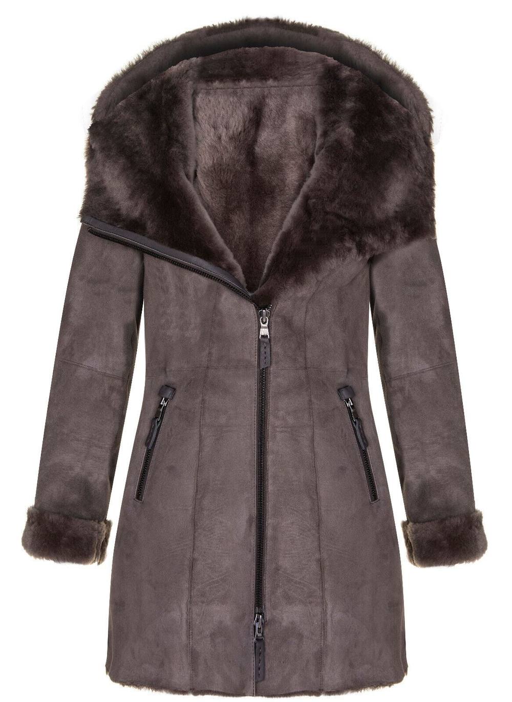 Infinity Leather Women's Merino Sheepskin Hooded Coat-Ryde in Brown | Size: 20