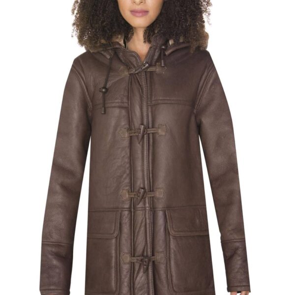 Infinity Leather Women's Hooded Sheepskin Leather Duffle Coat-Rugby in Brown | Size: 14