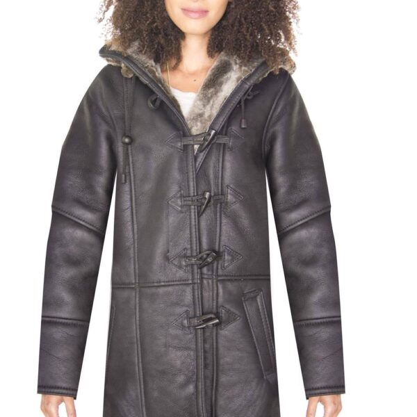 Infinity Leather Women's Shearling Hooded Duffle Coat-Royston in Black | Size: 8