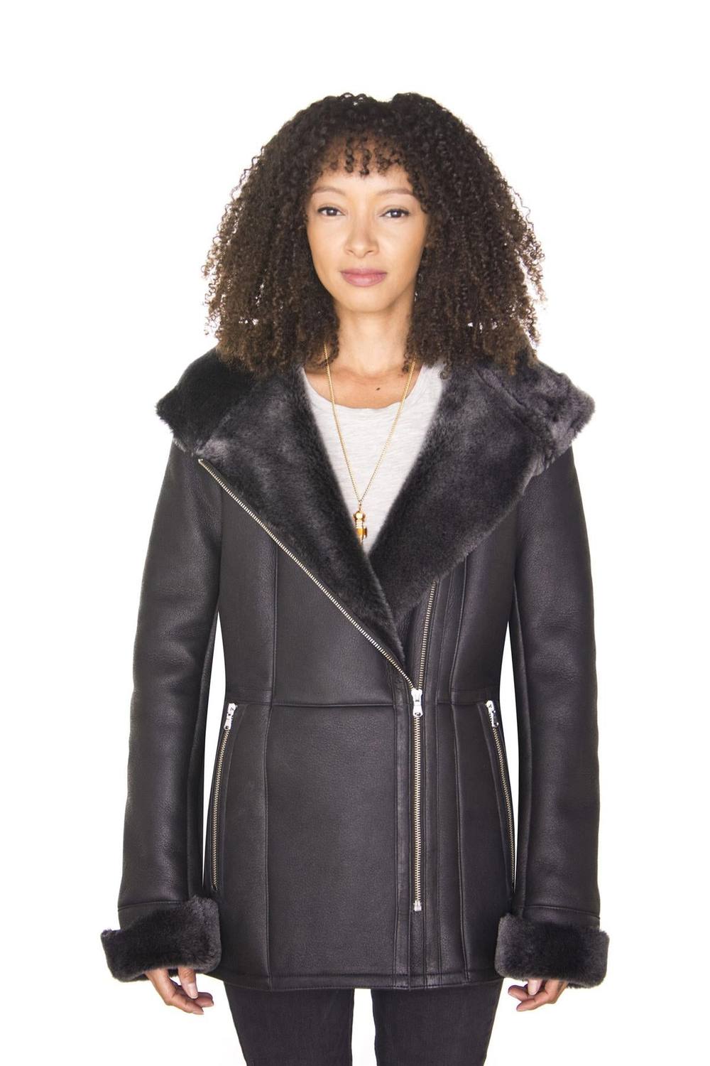 Infinity Leather Women's Hooded Merino Sheepskin Jacket-Rothwell in Black | Size: 12