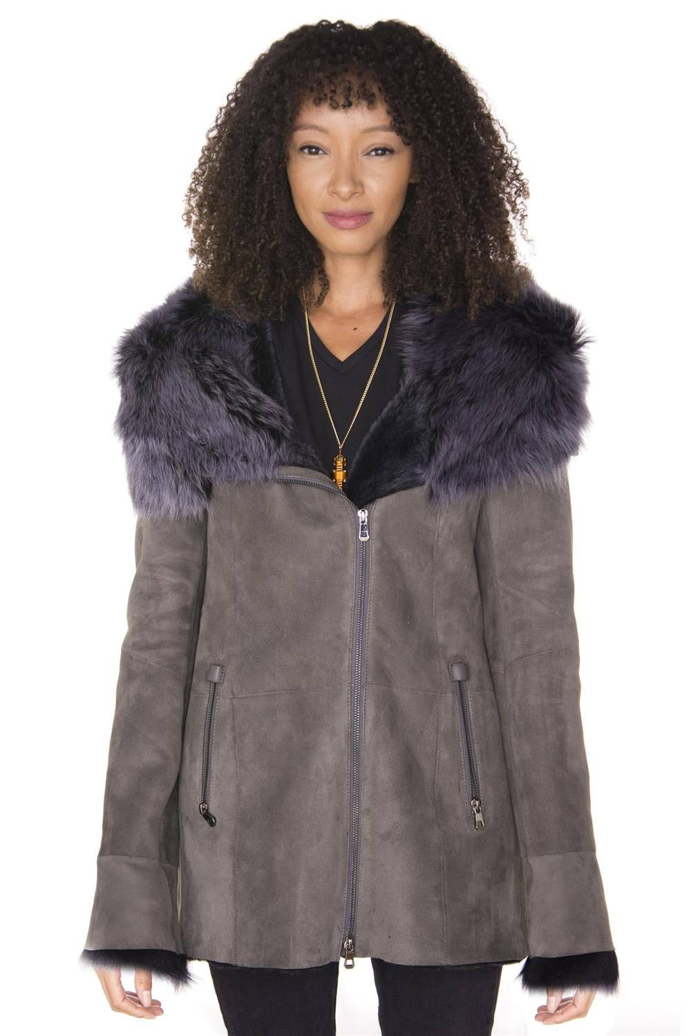 Infinity Leather Women's Suede Hooded Merino Sheepskin Coat-Romsey in Black | Size: 10