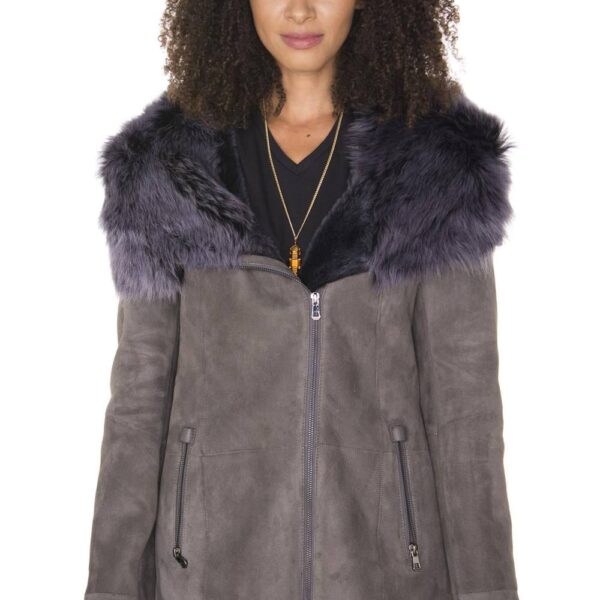 Infinity Leather Women's Suede Hooded Merino Sheepskin Coat-Romsey in Black | Size: 20