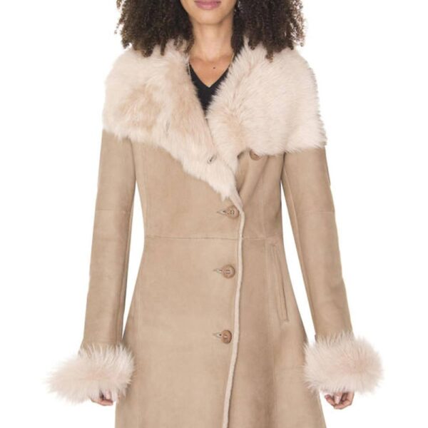 Infinity Leather Women's Suede Merino Shearling Coat with Toscana Collar-Rochford in Beige | Size: 12