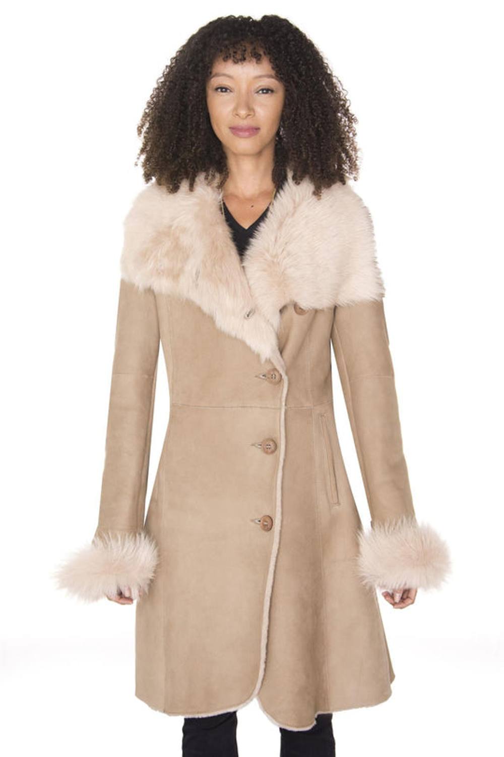 Infinity Leather Women's Suede Merino Shearling Coat with Toscana Collar-Rochford in Beige | Size: 16
