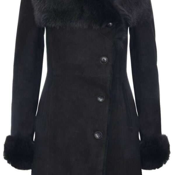 Infinity Leather Women's Suede Merino Shearling Coat with Toscana Collar-Rochford in Black | Size: 14
