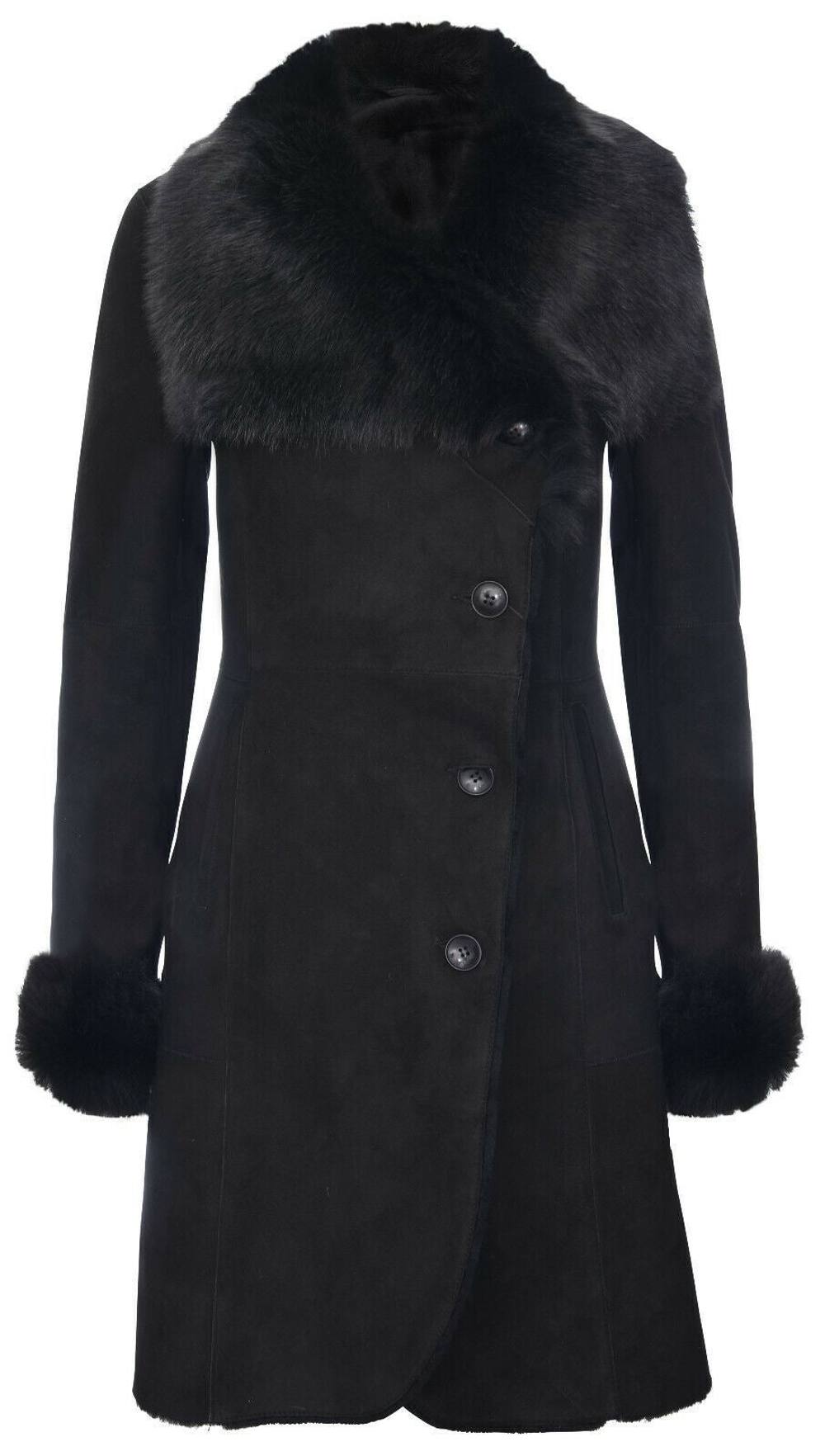 Infinity Leather Women's Suede Merino Shearling Coat with Toscana Collar-Rochford in Black | Size: 14