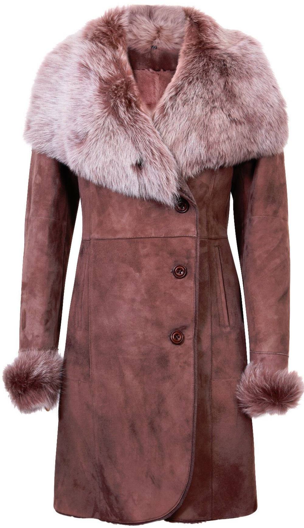 Infinity Leather Women's Suede Merino Shearling Coat with Toscana Collar-Rochford in Brown | Size: 8