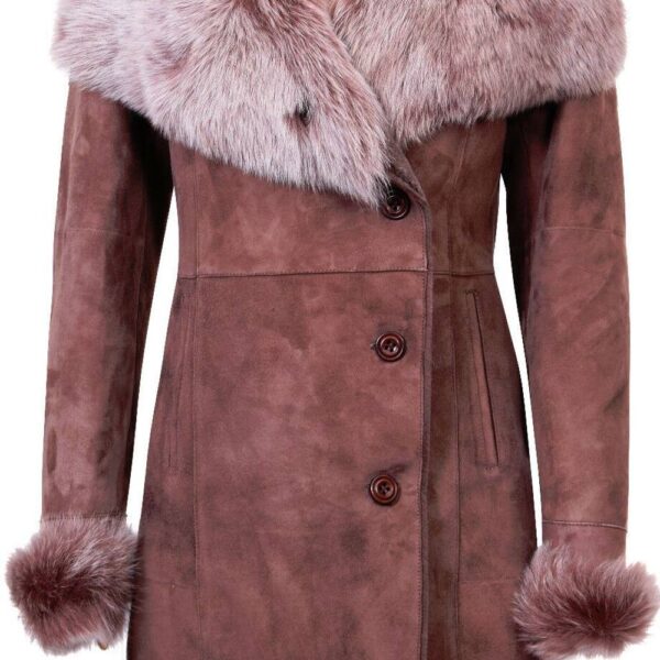 Infinity Leather Women's Suede Merino Shearling Coat with Toscana Collar-Rochford in Brown | Size: 10