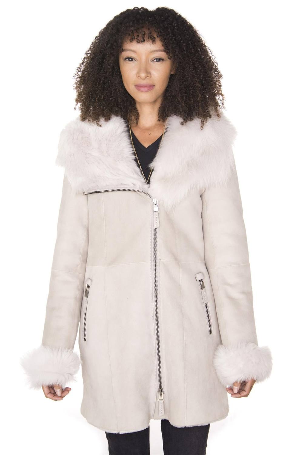 Infinity Leather Women's Suede Merino Sheepskin Coat-Ringwood in Grey | Size: 12
