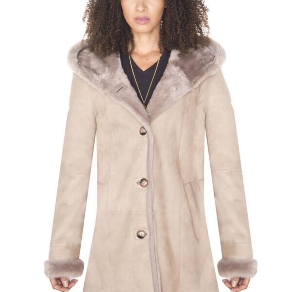 Infinity Leather Women's Suede Merino Sheepskin Parka Coat-Richmond in Taupe | Size: 8