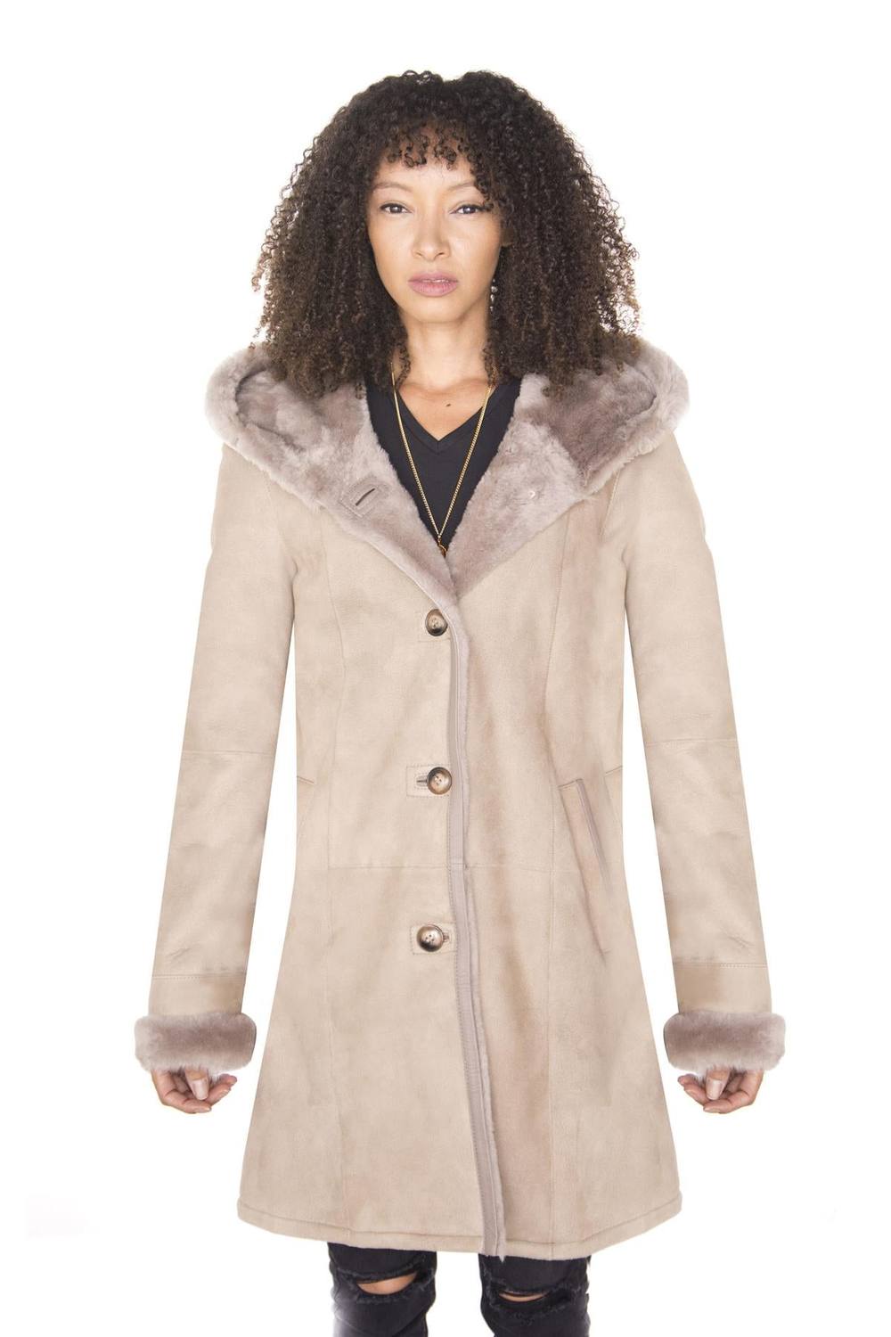 Infinity Leather Women's Suede Merino Sheepskin Parka Coat-Richmond in Taupe | Size: 8