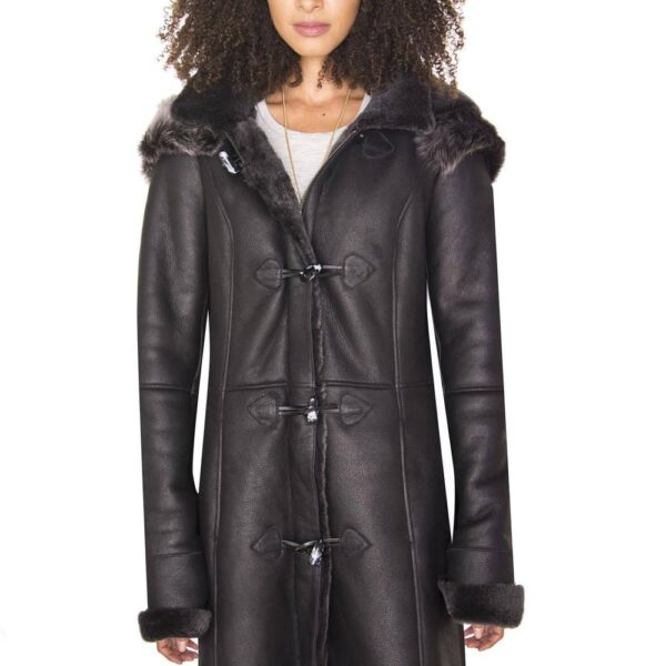 Infinity Leather Women's Sheepskin Hooded Duffle Coat-Redhill in Black | Size: 24
