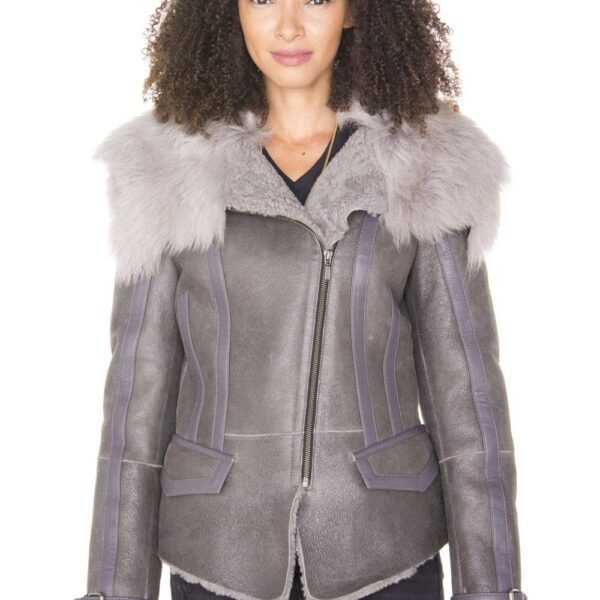 Infinity Leather Women's Toscana Shearling Flying Jacket-Polegate in Grey | Size: 20
