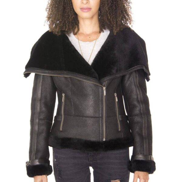 Infinity Leather Women's Merino Sheepskin Aviator Leather Jacket-Petworth in Black | Size: 18