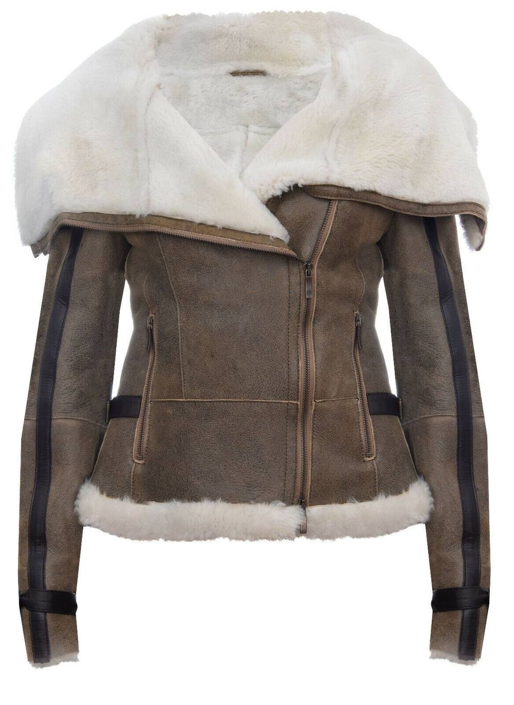 Infinity Leather Women's Merino Sheepskin Aviator Leather Jacket-Petworth in Light Tan | Size: 8